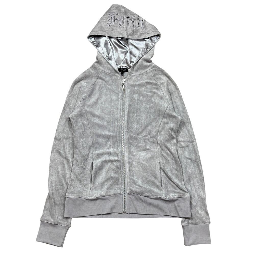 Faith Connexion Studded Dagger Wings Velour Full Zip Hoodie Women's M Y2K Grunge